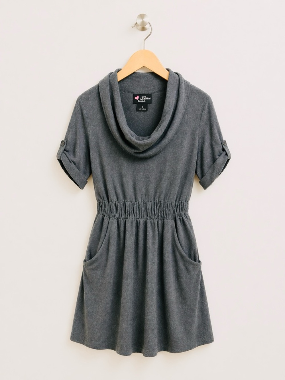 Delirious Gray Sweater Dress S - Cowl Neck Short Sleeve Pocket Casual Sweatshirt